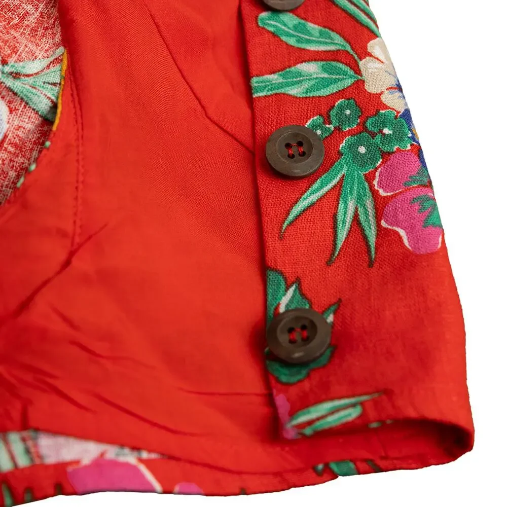 Francescas Miami Red Linen Floral Button-Up Cropped Tropical Hibiscus Resortwear - Picture 6 of 11